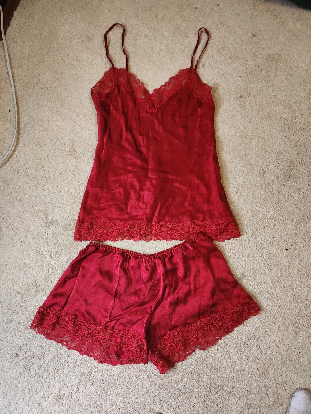 Red Lace-Trim Satin Camisole & Shorts Sleep Set